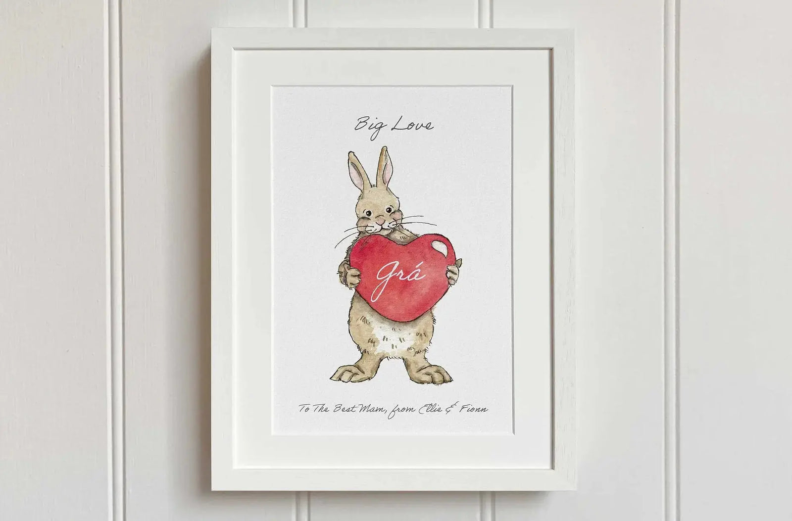 Rabbit art print with love heart in white farme