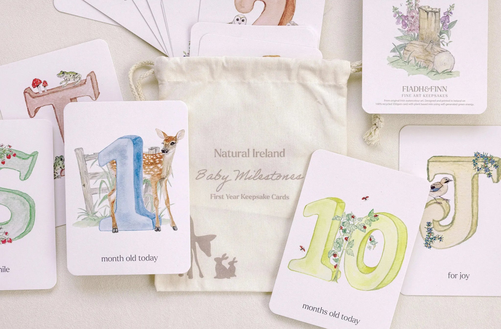 Luxury set of Irish woodland animal themed milestone cards in drawstring cotton bag from Fiadh and Finn, keepsakes.
