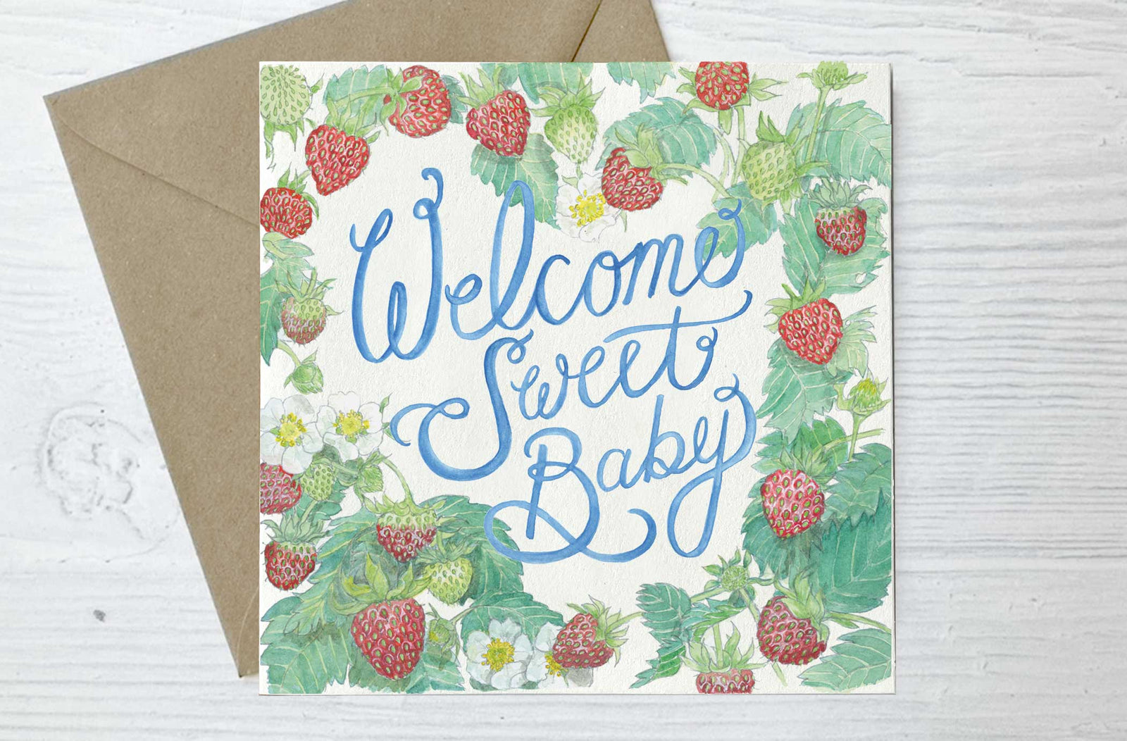 Welcome Sweet Baby Greeting card. Watercolour strawberry design. Recycled cards printed in ireladn using green energy. fiadhandfinn