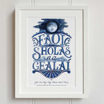 Moonlight watercolour fine art print in Irish language in white wooden frame