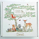 Branded Fiadh&Finn personalised gift box with woodland animals design. Handwritten name Donal on the box.