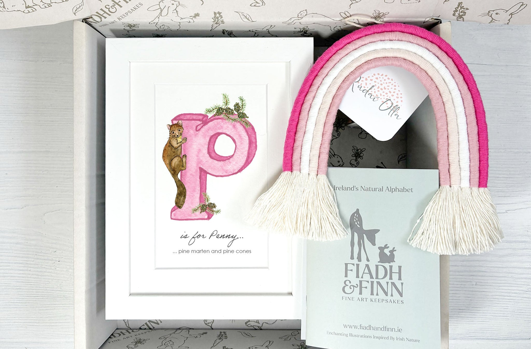 Alphabet Letter & Medium Rainbow Wall Hanging Baby Gift Box (Rose) Fiadh&Finn