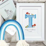Baby gift box set with Initial letter personalised and macramé rainbow ornament in blue colours. 