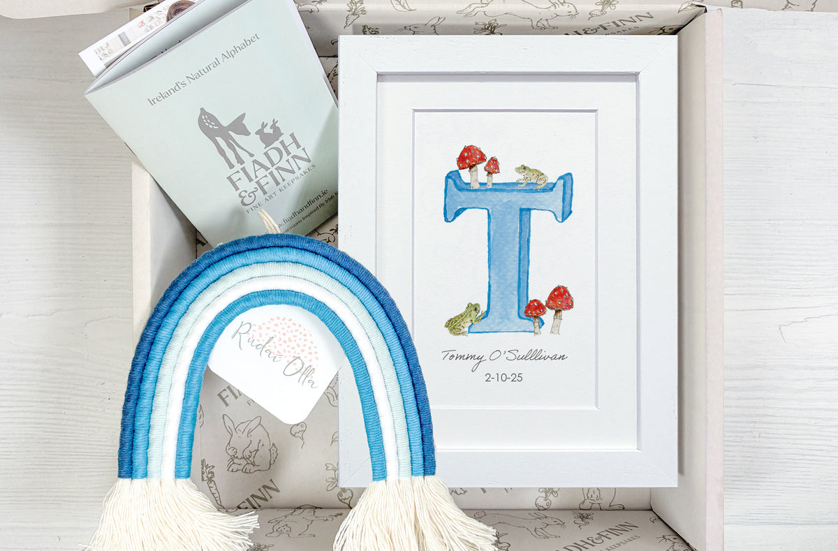Baby gift box set with Initial letter personalised and macramé rainbow ornament in blue colours. 