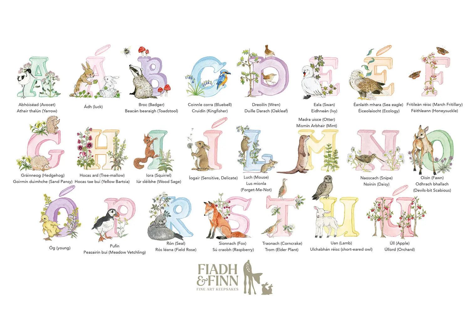 Irish Language Alphabet Print (Pastels) - fiadhandfinn