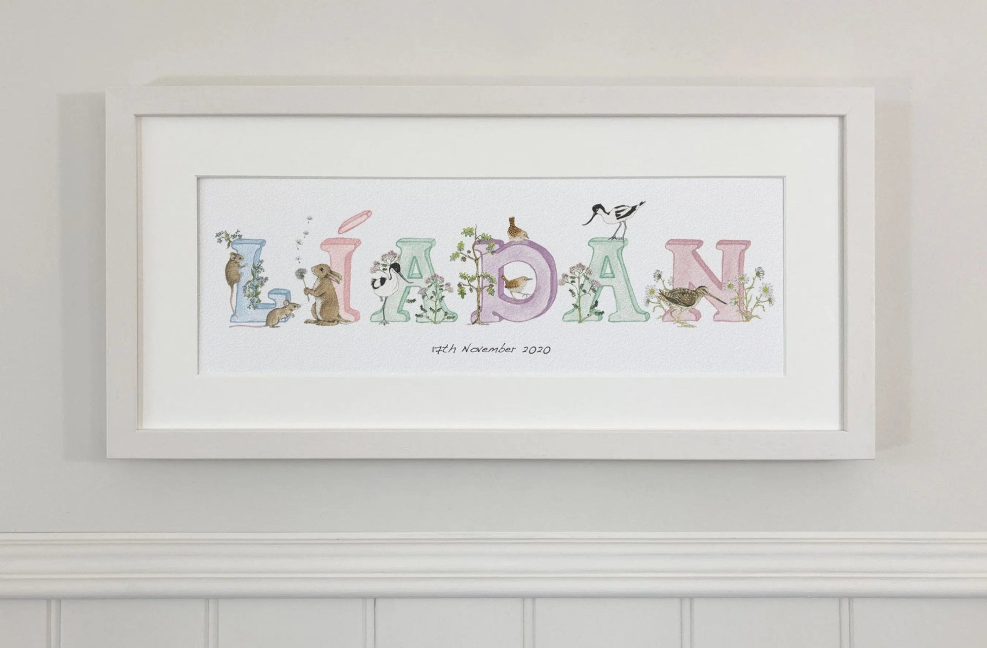 Irish Language Personalised Baby Name Frame (Pastels) - fiadhandfinn