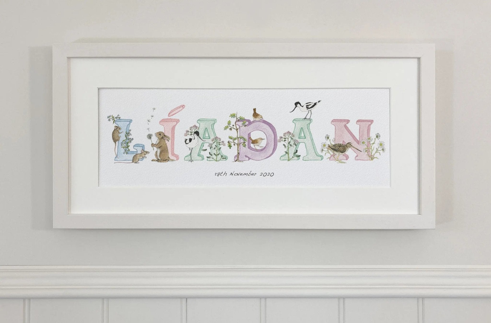 Irish Language Personalised Baby Name Frame (Pastels) - fiadhandfinn