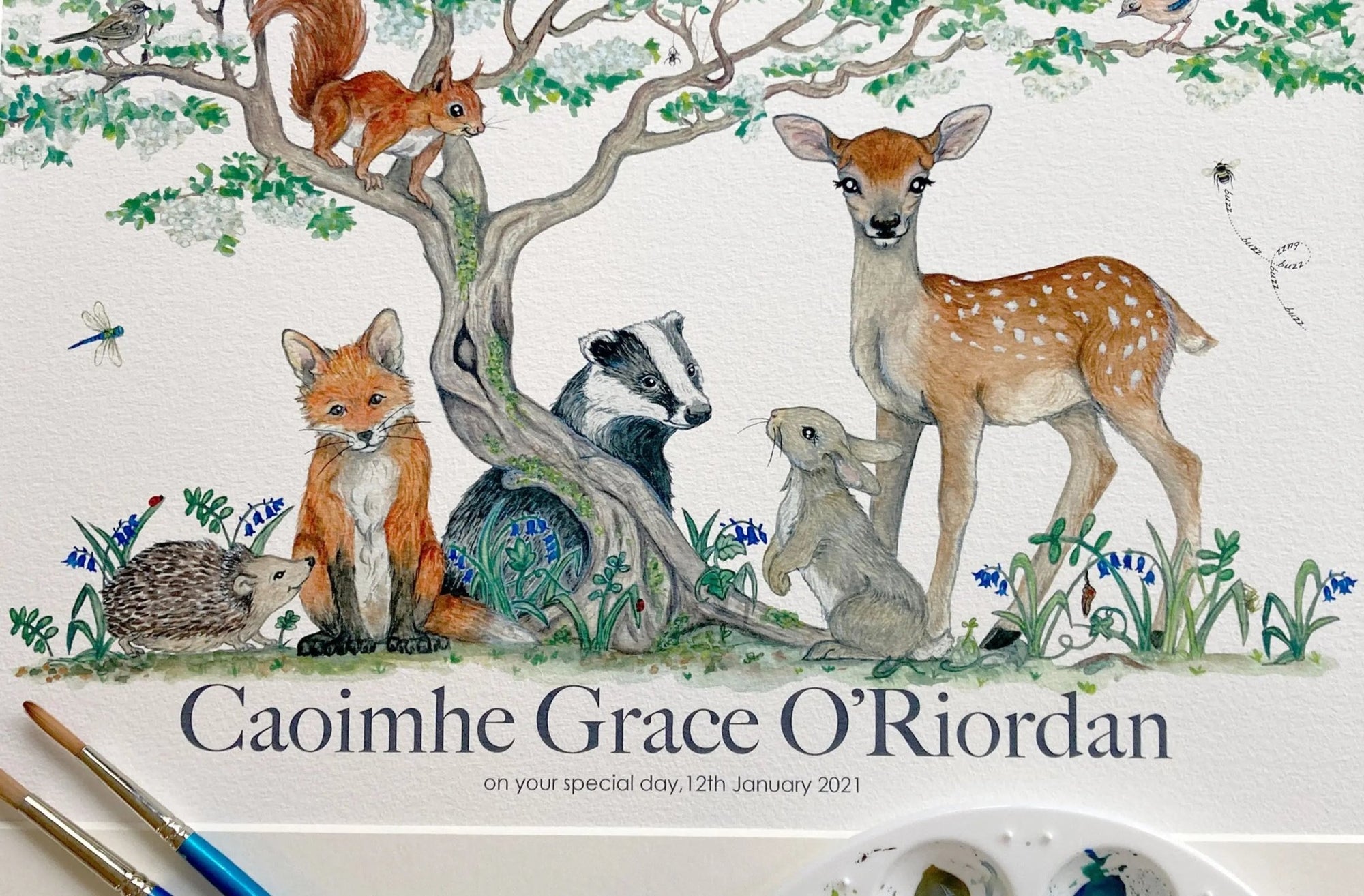 Irish Woodland Animals Personalised Baby Name Print - fiadhandfinn